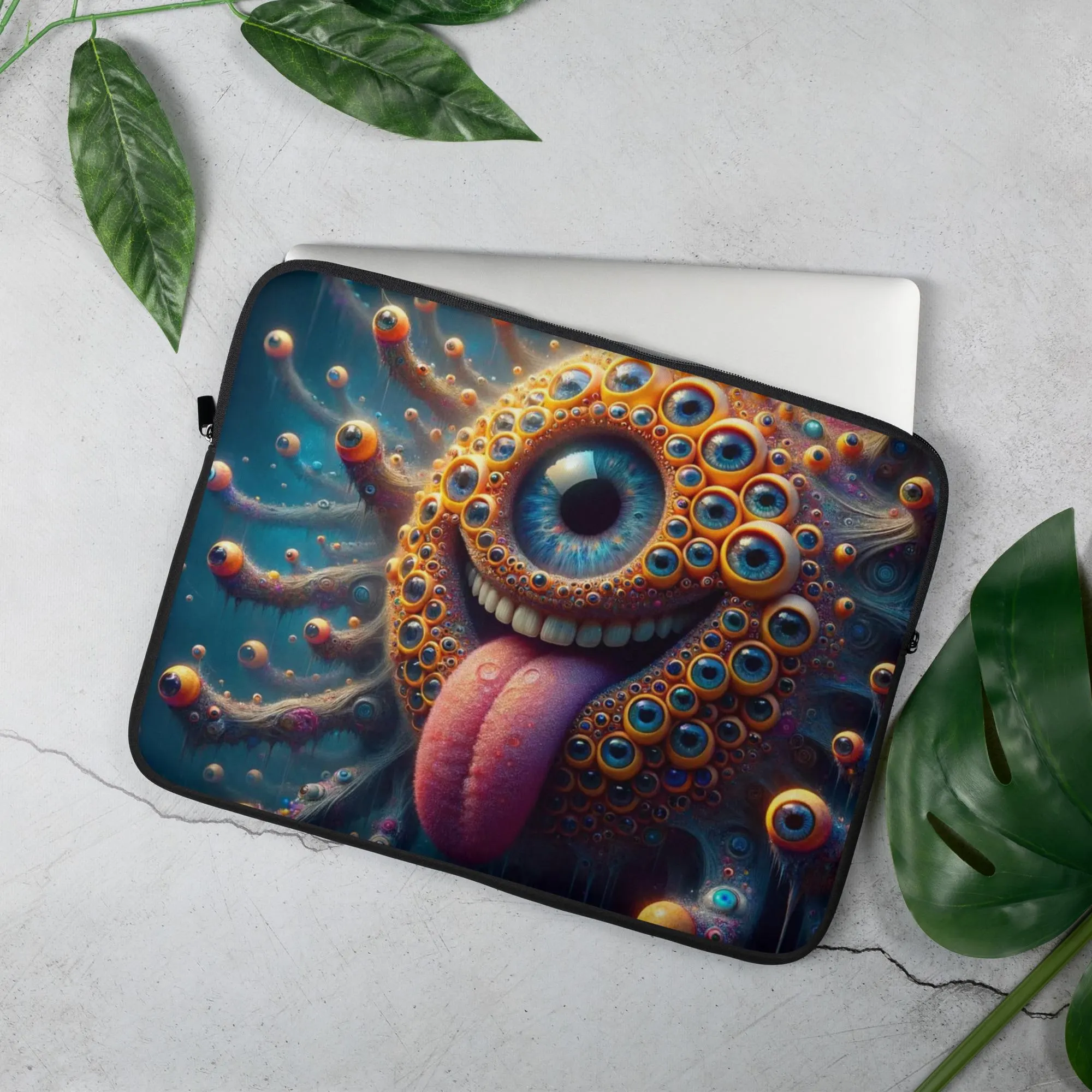 laptop case with psychedelic many eyed emoji